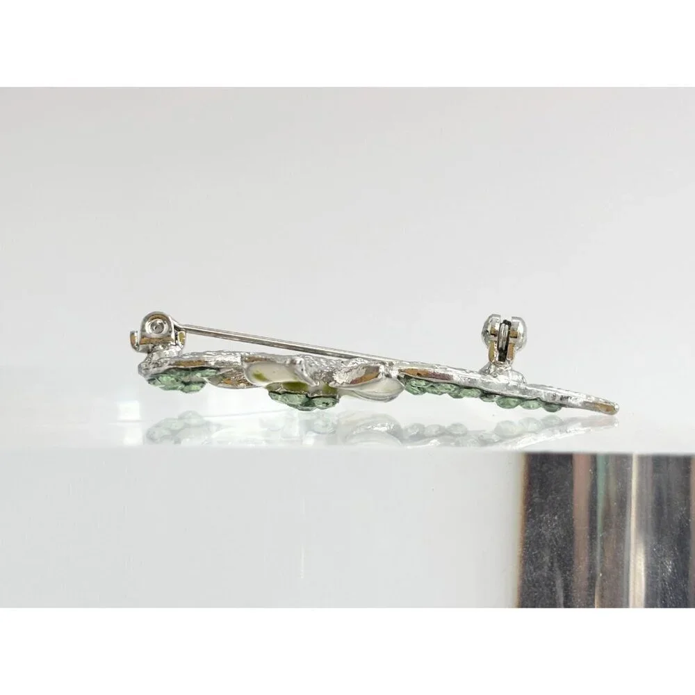 Green Floral Swirly Art Nouveau Silver Toned Vintage Costume Jewelry Brooch
